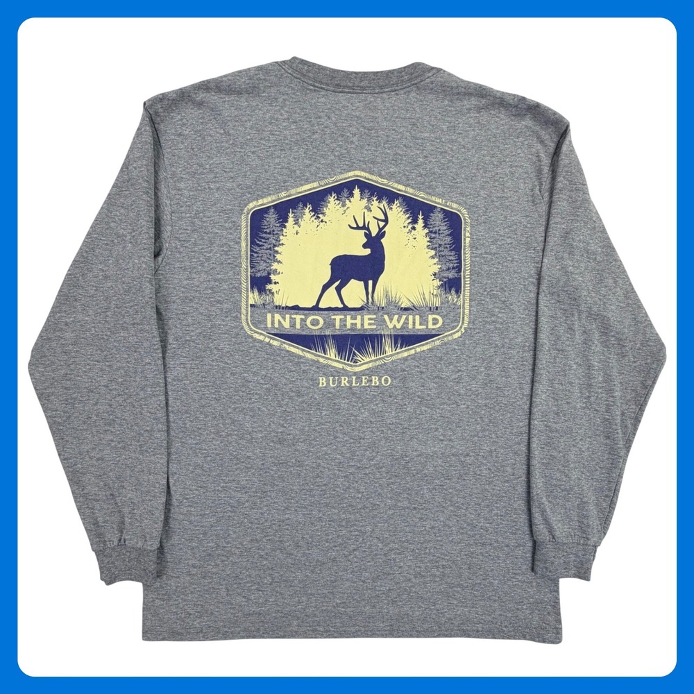 Burlebo Into The Wild Long Sleeve Pocket Shirt Men L Gray Cotton Deer Hunting